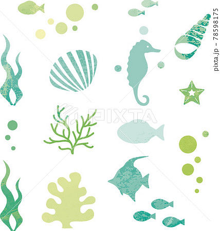 夏 海 魚 貝 海藻 シルエット 水彩 イラスト素材セットのイラスト素材