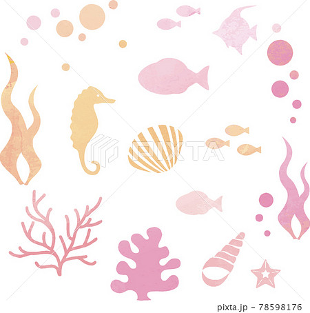 夏 海 魚 貝 海藻 シルエット 水彩 イラスト素材セットのイラスト素材