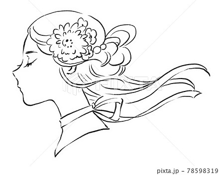 風が吹く花飾りをした女性の横顔の手描きイラストのイラスト素材