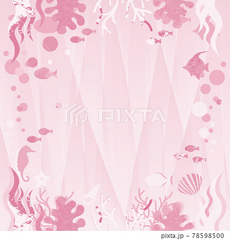 夏 海 魚 シルエット フレーム 水彩 コピースペース 背景 ピンク イラストのイラスト素材