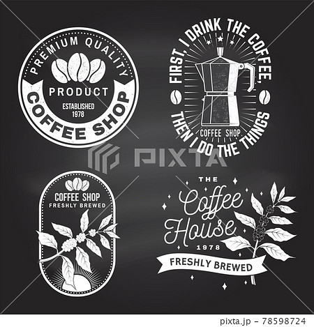 Set of Coffe shop logo, badge template on the chalkboard. Vector. Typography design with coffee maker and branch of coffee tree silhouette. Template for menu for restaurant, cafe Set of Coffe shop logo, badge template on the chalkboard. Vector. Typography design with coffee maker and branch of coffee tree silhouette. Template for menu for restaurant, cafe 78598724