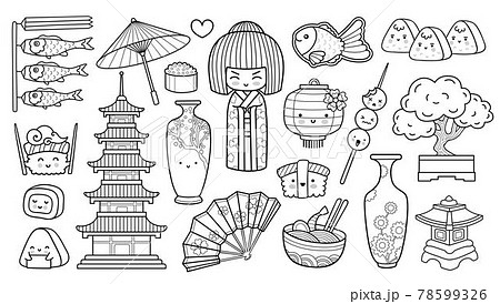 Geisha, sushi, onigiri, ramen, fan and umbrella. Popular japanese symbols. Outline vector illustration. Hand-drawn element for coloring book 78599326
