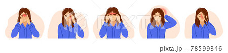 Woman suffering from different types of headaches. Sinus, tension, hypertension, migraine, and cluster headache. Overwork, stress. Vector hand-drawn characters Woman suffering from different types of headaches. Sinus, tension, hypertension, migraine, and cluster headache. Overwork, stress. Vector hand-drawn characters 78599346
