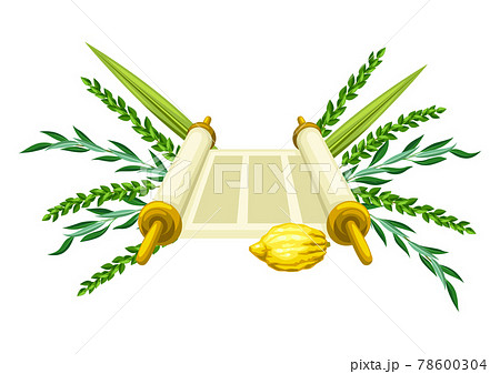 Happy Sukkot greeting card. Holiday background with Jewish festival traditional symbols. 78600304