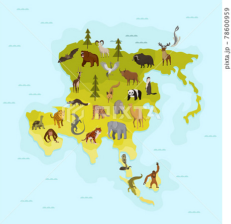 Map Of Asia With Different Animal Funny のイラスト素材