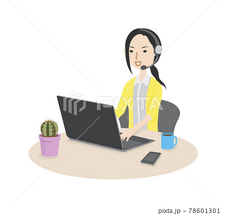 テレワークでヘッドセットを付けて仕事をしている女性 テレワークでヘッドセットを付けて仕事をしている女性 78601301