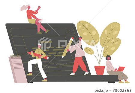 Creative writing concept. Writer, journalists or freelance bloggers writing text with laptop vector illustration. Professional storytelling characters 78602363