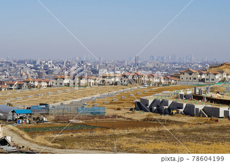 稲城南山スカイテラスからん見た住宅造成現場と都心のビル群 78604199