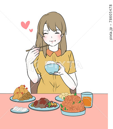 Illustration Material Young Woman Eating A Lot Stock Illustration