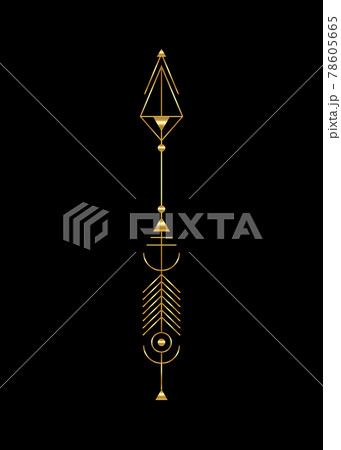 Gold arrow luxury design. Vector minimalism, sacred geometry totem, hipster design elements. vector art, clipart. Golden Abstract Mystic Geometric symbols isolated on black background 78605665