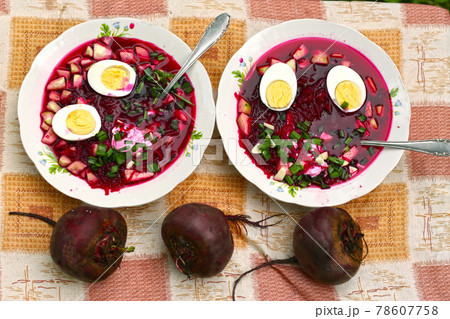 beetroot cold soup with cucumbers, boiled egg, green onion, garlic and sour cream beetroot cold soup with cucumbers, boiled egg, green onion, garlic and sour cream 78607758