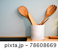 wood ladle and wood folk in the kitchen 78608669