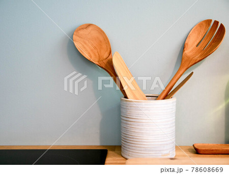 wood ladle and wood folk in the kitchen wood ladle and wood folk in the kitchen 78608669