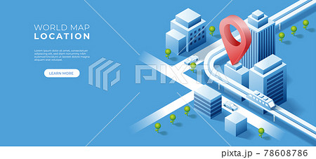 Navigator 3D isometric pin location checking on cityscape map background. Locator position point. Vector art illustration 78608786