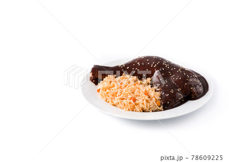 Traditional mole Poblano with rice plate 78609225