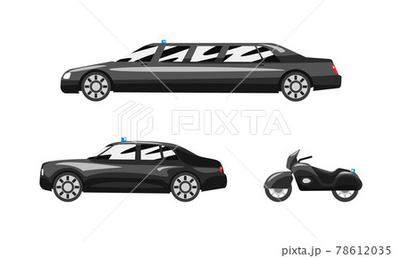 Set Of Black Cars Luxury Road Vehicles Side のイラスト素材
