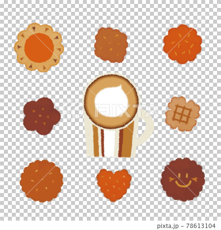 8種類のクッキーとカフェラテ マグカップ クレヨンタッチ 素材のイラスト素材