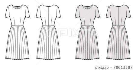 Dress pleated technical fashion illustration with short sleeves, fitted body, knee length skirt. Flat apparel front Dress pleated technical fashion illustration with short sleeves, fitted body, knee length skirt. Flat apparel front 78613587