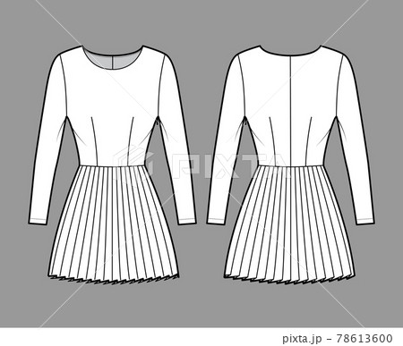 Dress pleated technical fashion illustration with long sleeves, fitted body, mini length skirt. Flat apparel front Dress pleated technical fashion illustration with long sleeves, fitted body, mini length skirt. Flat apparel front 78613600