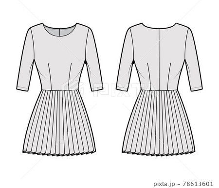Dress pleated technical fashion illustration with elbow sleeves, fitted body, mini length skirt. Flat apparel front 78613601