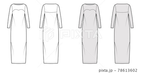 Dress column technical fashion illustration with long sleeves, fitted body, floor maxi length pencil skirt. Flat evening Dress column technical fashion illustration with long sleeves, fitted body, floor maxi length pencil skirt. Flat evening 78613602