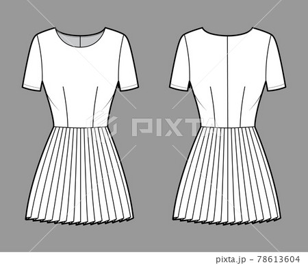 Dress pleated technical fashion illustration with short sleeves, fitted body, mini length skirt. Flat apparel front Dress pleated technical fashion illustration with short sleeves, fitted body, mini length skirt. Flat apparel front 78613604
