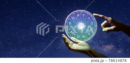 Astrological zodiac signs inside of horoscope circle. Astrology, knowledge of stars in the sky over the milky way and moon. The power of the universe concept. Astrological zodiac signs inside of horoscope circle. Astrology, knowledge of stars in the sky over the milky way and moon. The power of the universe concept. 78614876