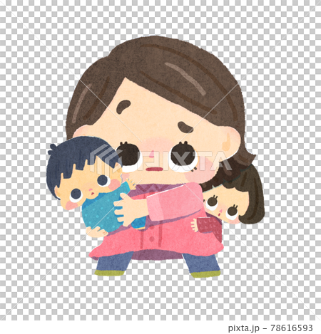 子供を抱っこしながら考える母のイラスト素材