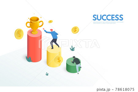 Businessmen compete for trophy on a Financial graph and Chart stairs. Success, Challenge, Winning, and Leadership Concept. Flat design style. Vector illustration Businessmen compete for trophy on a Financial graph and Chart stairs. Success, Challenge, Winning, and Leadership Concept. Flat design style. Vector illustration 78618075