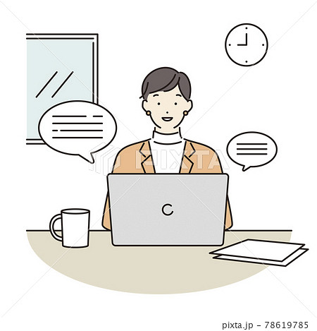 シンプル　イラスト　オンライン英会話の授業を受ける女性 78619785
