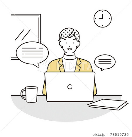 シンプル　イラスト　自宅でオンライン会議に参加する女性 78619786