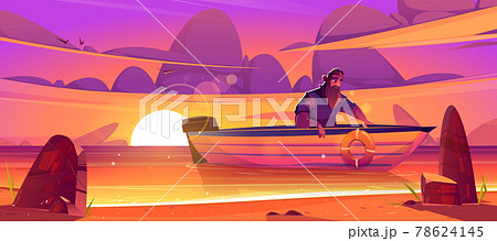 Shipwrecked sad man sit in wooden boat at sunset Shipwrecked sad man sit in wooden boat at sunset 78624145