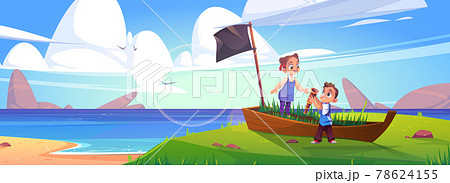 Kids play in pirates on sea beach with old boat 78624155
