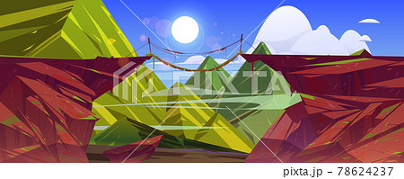 Suspended bridge hang above steep mountain cliff Suspended bridge hang above steep mountain cliff 78624237