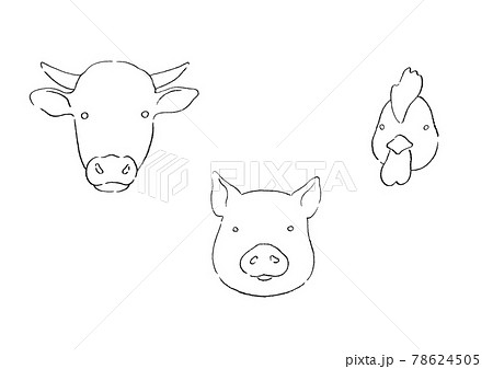 牛と豚と鶏の顔のイラストのイラスト素材