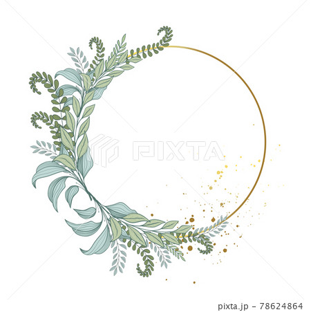 Elegant frame of forest green leaves and fern, round wreath of plants. Green bouquet and gold frame for wedding invitation. Vector illustration isolated on white background. 78624864