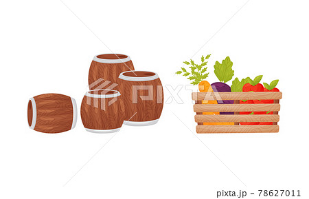 Wooden Barrel and Ripe Vegetables in Wooden Crate as Seasonal Harvesting and Yield Vector Set 78627011