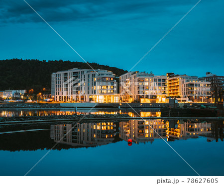 Oslo, Norway. Scenic Night Evening View Of Illuminated Residential Area District Downtown Sorenga 78627605