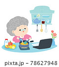Happy grandmother is cooking food in her kitchen  by using recipe from the internet vector. 78627948