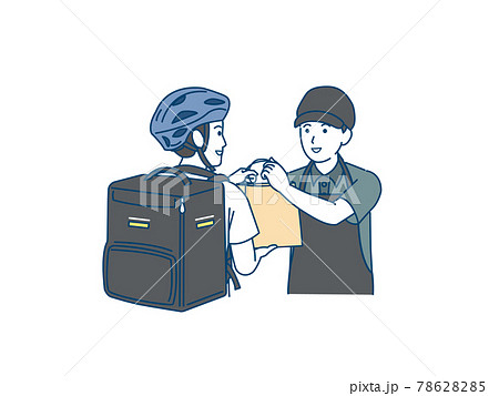 フードデリバリー 配達員 男性 荷物を渡す飲食店の店員 イラスト素材のイラスト素材
