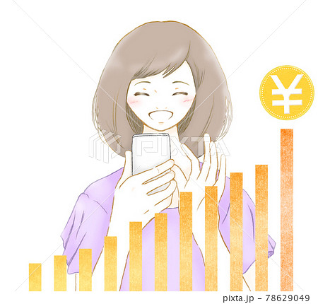 スマホ画面の金額がアップして笑顔になる若い女性のイラスト素材