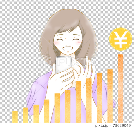 A young woman who smiles as the amount of money on the smartphone screen increases A young woman who smiles as the amount of money on the smartphone screen increases 78629049