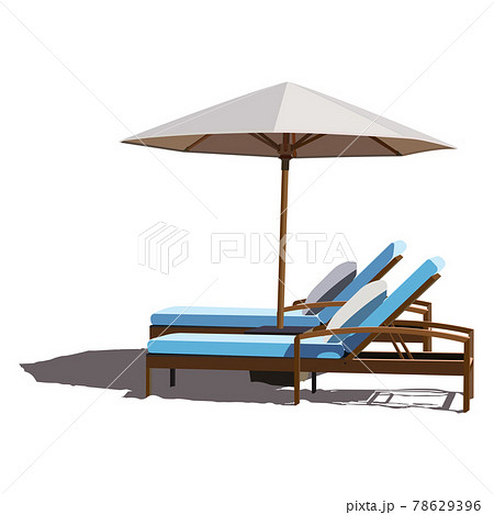 Vector illustration of two sun loungers under a white beach umbrella. Isolated over white background. 78629396