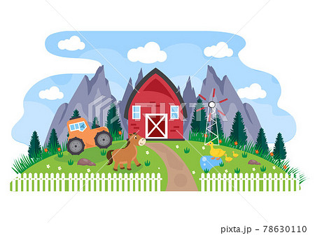Cute Cartoon Farm Animals Vector Illustration With Cow, Horse, Chicken, Duck, or Sheep. For Postcard, Background, Wallpaper, and Poster 78630110