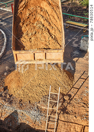 Truck pours out soil near trench with ladder at pipeline repair Truck pours out soil near trench with ladder at pipeline repair 78630514