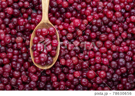 Ripe cranberries in a wooden spoon. 78630656