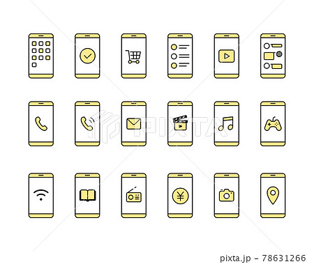 スマホとアプリのアイコンセット　スマートフォン　イラスト　アプリケーション　シンプル　線　モバイル 78631266