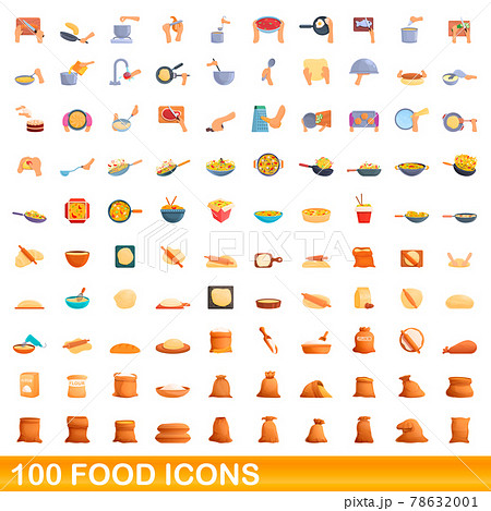 100 food icons set, cartoon style 78632001