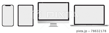 リアルな3dデバイスのモックアップセット。スマートフォン、タブレット、モニター、デスクトップ、ノート 78632178