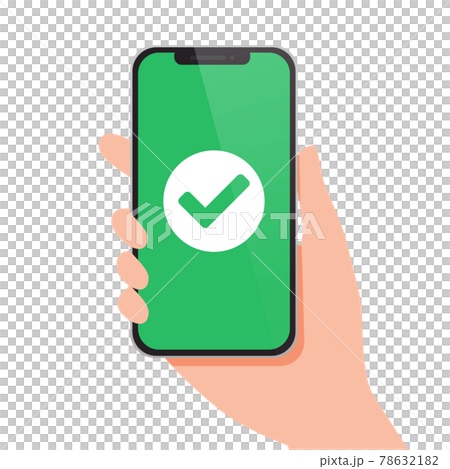 Vector illustration of a hand holding a realistic 3d smartphone checkmark screen (flat, template) 78632182